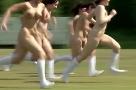 Naked Japanese girls run around the soccer field