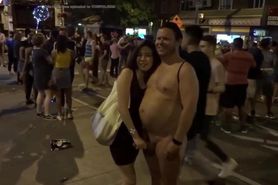 Public CFNM - Asian girl grabs chubby guys dick