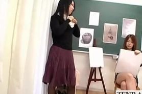 Subtitled Japanese art school teacher stripping handjob