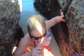 Blonde tour guide blows tourist on the beach then fucks