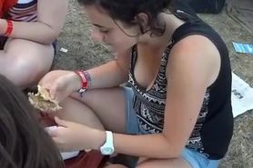 Teen eating burger down blouse and cleavage