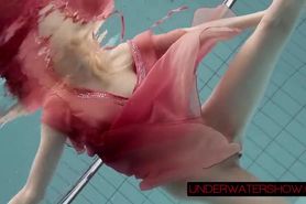 Katya Okuneva in red dress erotic water show