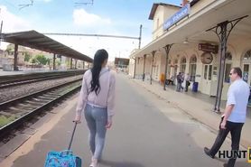 HUNT4K. Elegant coquette makes money for train using her sexy body