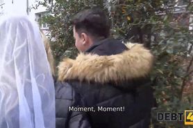 DEBT4k. Debt collector fucks the bride in a white dress and stockings