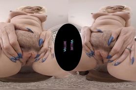 VRALLURE Nerdy blonde bounces her big booty on a toy in virtual reality