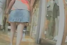 Voyeur upskirt vid of a fat blonde chick shopping with her husband