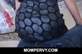 Asian brunette MILF stepmother with tiny tits fucks and sucks stepson's huge cock