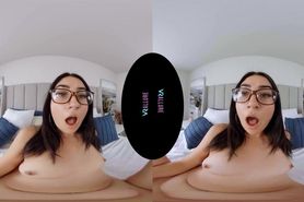 VRALLURE Nerdy brunette Callie Jacobs rides her sex doll in virtual reality