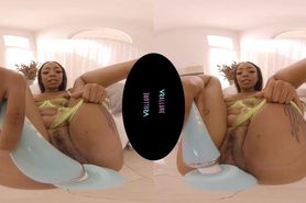 VRALLURE Beautiful ebony girl Cali Caliente plays with her toys in virtual reality