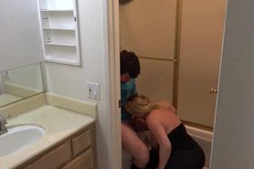 Roommate caught masturbating in the bathroom fucks MILF