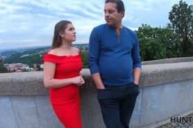 HUNT4K. Prague girl in beautiful red dress takes it off for cash with dads permission