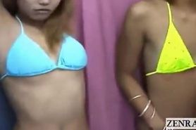 Subtitled Japan bikini gyaru double blowjob uncensored