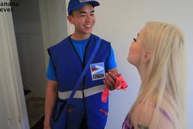 Busty Blonde Bimbo Gets Offers By Giving It To Asian Mailman - Bananafever
