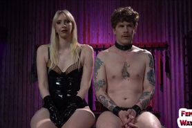 DIVINE BITCHES - Latex CFNM domina tormenting sub cock after casting