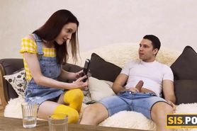 SISPORN. Smart guy tricks slender stepsis into taboo sex on the sofa