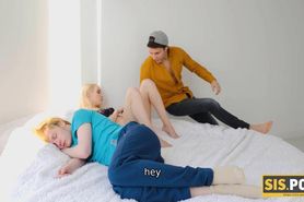 Sisporn. Boy Is Resting On Bed Not Noticing Blond Girlfriend Having Sex With Stepbro