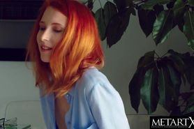 Cute redhead pulls down her panties and fingers her shaved pussy