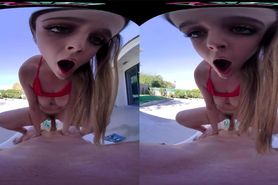 Busty blonde rides a rough cock poolside in VR