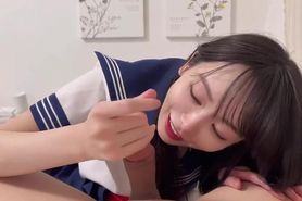Blowjob and Facial with Japanese schoolgirl cosplay