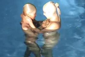 Two Wet Encased Shiny Pantyhose Horny Lesbians Playing In Pool - Nylon Mask