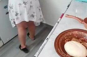 Mature mother with big sexy ass in kitchen, homemade, amateur
