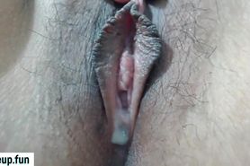 Girl eats her vaginal discharge - pussy close up