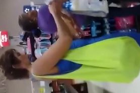 Big boobs old lady wearing tight blue sports clothes