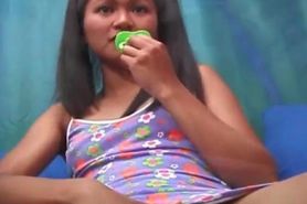 Asian lollipop girl shows her hairy pussy.