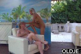Hot blonde fucks old outdoors