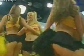 Six hot teen cheerleaders in thongs flashing up skirt