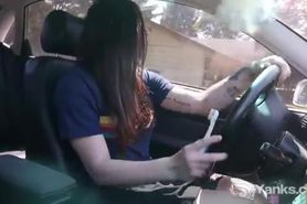 Matilda is driving and fingering her pussy during driving