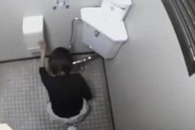Bathroom masturbation with cute little slag drilling her horny snatch