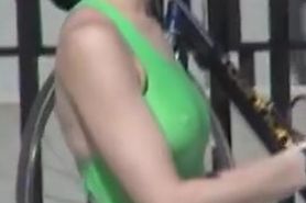 Candid boobs of amateur bimbo under the green swimsuit 03j