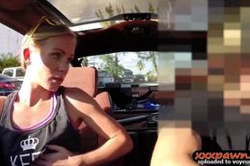 Amateur blonde slut sells car and gets nailed in a pawnshop