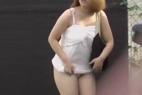 Plump colorful Japanese tart getting caught off her guard during public sharking