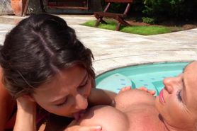 Hot poolside lezzing with older blonde and younger brunette