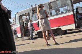 Stunning blonde filmed by spy upskirt camera in public