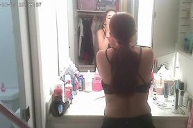 Japanese amateur wife getting undressed for shower and taking off her makeup