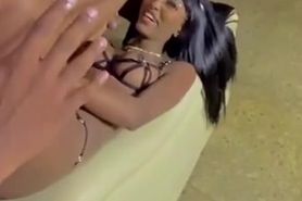 Ebony tranny gets double teamed and spits cum on dick