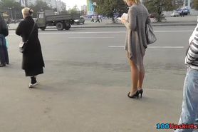 Beautiful upskirt playgirl on a bus stop