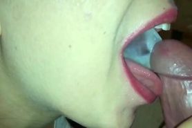 Blowjob ends with cum on tongue