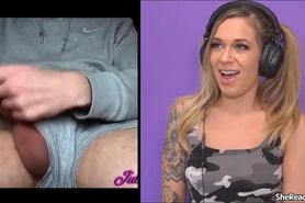 Attractive blonde woman is reacting to a solo video