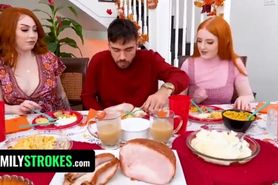 Redhead Stepsisters Arietta Adams & Cherry Fae Share Lover After Thanksgiving Meal - FamilyStrokes