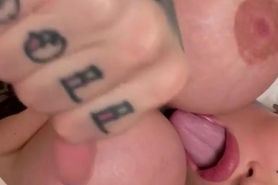 Tatted TS Shoots Load Into Her Mouth