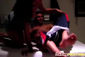 A very hot amateur Latina blows horny man's stiff penis then gets her pussy pounded