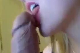 Busty blonde chick giving blowjob