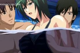 Three horny studs fucking a cute hentai girl under water