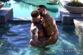 Tattooed muscle gays rim and anal fuck in the pool