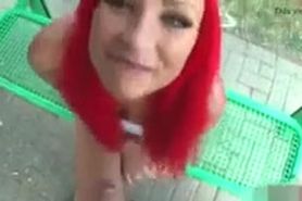 Redhead bus stop blowjob