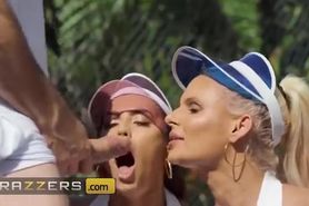 Two horny ladies fucking a lucky dude in a tennis threesome